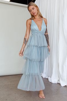 Auguste Tiered Frill Midi Dress Sage Green by Selfie Leslie Dusty Blue Tulle Dress, Sage Green Midi Dress, Dress Sage Green, Dress Sage, Selfie Leslie, Sage Dress, Yellow Bridesmaids, Tulle Sleeves, Bridesmaids Dress