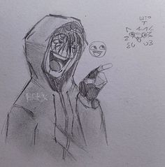 a drawing of a hooded man pointing at something with an emoticive expression on his face