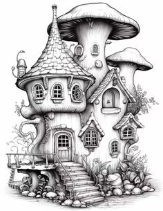 a drawing of a house with mushrooms on the roof and stairs leading up to it