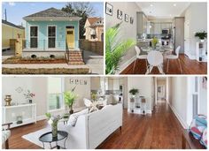 three pictures of different houses with wood floors and white furniture in the living room, dining area, kitchen and bedroom