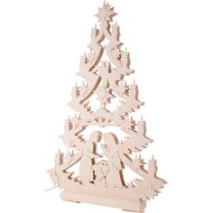 a wooden christmas tree with candles in the shape of a man and woman on it