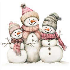 three snowmen with hats and scarves on their heads