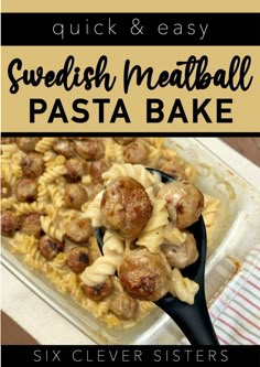 a casserole dish with meatballs and pasta in it