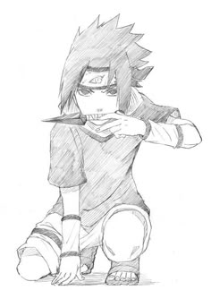 a drawing of an anime character holding a knife in his right hand and looking at the camera