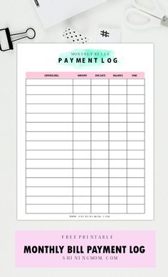 the printable bill payment log is on top of a desk next to some office supplies