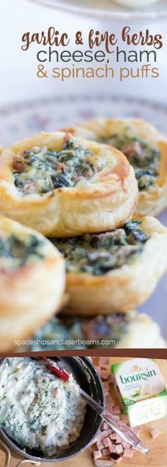 spinach and cheese tarts with text overlay that reads garlic and the herbs cheese ham and spinach puffs