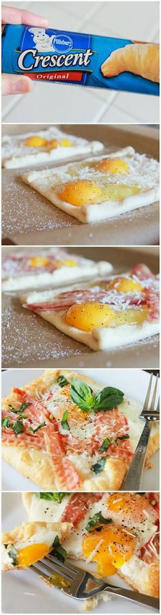 three different pictures of pizza with cheese and spinach on top, one has an egg in the middle