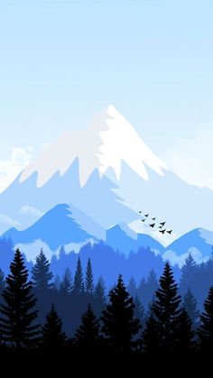 a mountain with trees and birds flying in the sky