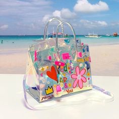 Large Pink Floral Holographic Satchel Handbags Shoulder Clear Purse | Baginning Face Pimples, Summer Totes, Beautiful Purses, Pvc Storage, Holographic Bag, Pimples Remedies, Clear Purses, Vinyl Bag, Jelly Bag