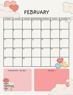 a calendar with hearts and flowers on it