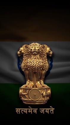 the flag of india with a statue of a lion on it's head in front of a black background