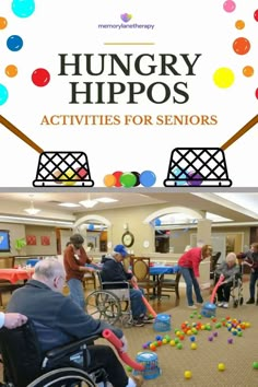 an elderly man in a wheel chair playing with toys and people watching him play on the floor