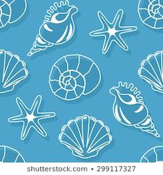 sea shells and starfish on a blue background seamless wallpaper with white outline