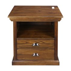 a wooden night stand with two drawers on one side and an open drawer on the other