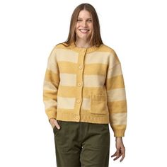 With a boxy fit  big buttons and slightly dropped seams at the shoulders  the women's Patagonia Recycled Wool Sweater is a comfortable  light and easy-moving cardigan for transitional seasons. Trending Winter Boots, Recycled Wool Sweater, Wool Sweaters Womens, Large Sweaters, Seasons Of Life, Brand Collection, Wool Blend Sweater, Patagonia Womens, Wool Sweater