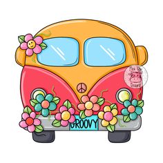 an orange and pink vw bus with flowers on it's front end is shown