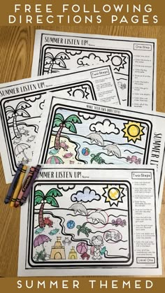 three summer themed worksheets with the text free following directions