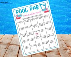 a pool party game board next to a swimming pool