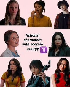 several images of women with different hair styles and words that say, fiction characters with scorpio energy