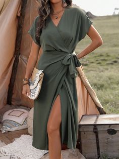 Ladies' Solid Color Wrap Tie Dress Army Green Casual  Cap Sleeve Woven Fabric Plain A Line Non-Stretch  Women Clothing, size features are:Bust: ,Length: ,Sleeve Length: Relaxed Elegant Dress Busty Curvy, Green Chiffon Wrap Dress, Green Midi Wrap Dress, Line Green Dresses, Casual Dress For Weddings, Beautiful Wrap Dresses, Sage Green Dress Casual Long, Dresses Tk Wear To A Wedding As A Guest, Wrap For Green Dress