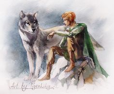 a watercolor painting of a man and a wolf