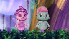 two cartoon characters standing next to each other in front of some trees and bushes with leaves