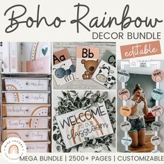 the boho - rainbow decor bundle is shown in several different styles and colors, including letters