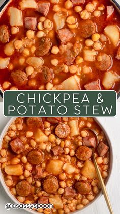 two bowls of chickpea and potato stew on a white table with text overlay