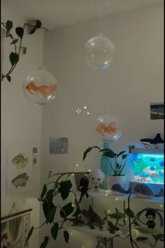 some bubbles floating in the air over a fish tank and plants on a counter top