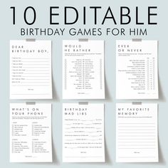 birthday games for him with the text 10 editable birthday games for him on them