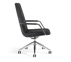 a black office chair with chrome legs and casteor wheels on an isolated white background