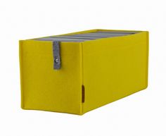 a yellow storage box with grey handles