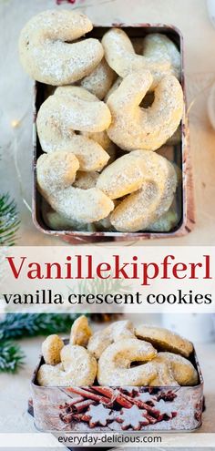 vanilla crescent cookies in a tin on a table