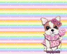 a small dog wearing a pink dress with flowers on it's head, standing in front of a rainbow striped background