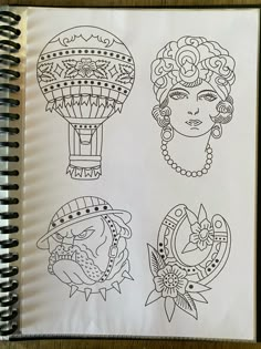 an open notebook with drawings on it and some designs in the pages to be colored