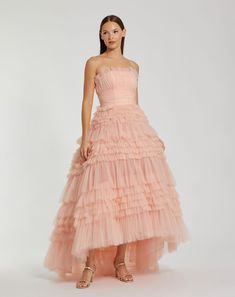 Strapless Tulle Ruffle Gown Vintage Tulle Dress, Deadpool Outfit, Tulle Ruffle Dress, Mac Duggal Prom, Epic Clothes, Ruffle Gown, Casual Cosplay, Strapless Neckline, Ruffled Skirt