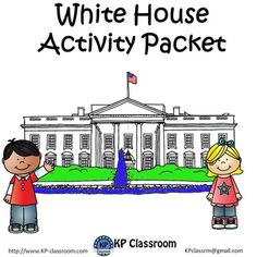 the white house activity packet with two children standing in front of it and an american flag on