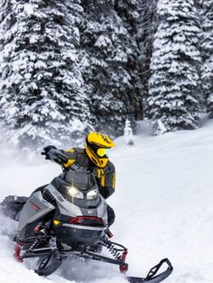 a man riding on the back of a snowmobile down a snow covered slope with trees in the background