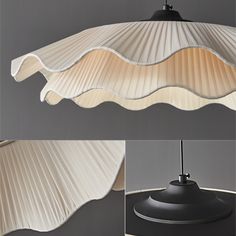 three different views of a light fixture with pleated fabric coverings on the top and bottom