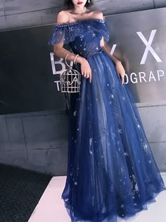 A-Line Sparkle Elegant Prom Formal Evening Dress Off Shoulder Short Sleeve Floor Length Tulle with Tier Embroidery 2021 7993493 2021 – $73.49 Navy Blue Celestial Dress, Celestial Wedding Dress Blue, Midnight Blue Dress Prom, Galaxy Dress Formal, Starry Night Theme Dress, Starfall Dress, Fantasy Prom Dress, Night Sky Dress, Star Prom Dress