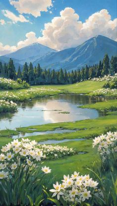 a painting of white flowers in the foreground and mountains in the background with water