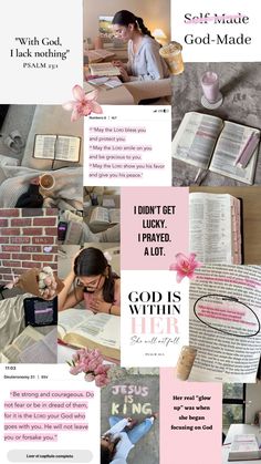 a collage of photos with pink and white text on them, including an open book