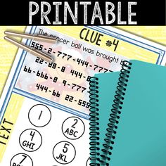 a printable clue book for kids with numbers and symbols on the front, in blue