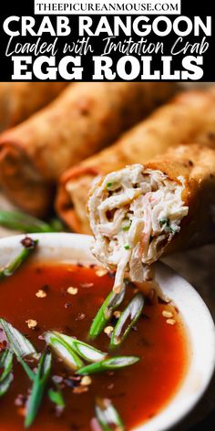 Crab rangoon egg rolls are the perfect finger food appetizer for your next party. Crispy egg roll wrappers wrapped around a creamy, tangy crab filling and served with the most delicious dipping sauce. Egg Roll Wrapper Recipes, Eggroll Wrapper Recipes, Phyllo Rolls, Eggroll Recipe, Crab Appetizer, Crab Rangoon Recipe