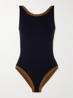 Eres's 'Sombrero' swimsuit is cut with a high neckline and a deep V-shaped back outlined by contrasting trims in a warm 'Caramelo' shade. It's been made in Italy from the brand's signature  peau douce  fabric that sculpts and supports the figure. Tie a patterned pareo at the waist when making your way to the beach. High Neck Bathing Suit, Fitted Beachwear Swimwear With Contrast Trim, 80s Swimsuit, Sophisticated Swimwear, Beautiful Swimsuit, Chanel Loafers, Mommy Outfits, Fashionably Late, Swimsuit Pattern