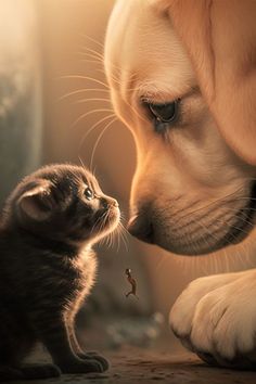 a cat and dog are looking at each other