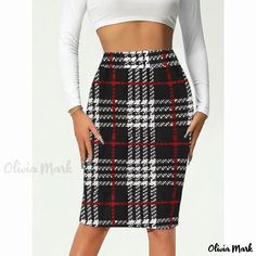 Olivia Mark - Elegant High-Waisted Bodycon Skirt with a Fashionable Flair Casual Fitted Plaid Skirt, Fitted High Waist Plaid Mini Skirt, High-waist Plaid Mini Skirt For Fall, Casual Fitted Gingham Skirt, Casual High Waist Plaid Mini Skirt, Chic Fitted Plaid Skirt, Chic Knee-length Plaid Bottoms, Casual Fitted Gingham Mini Skirt, Fitted Gingham Mini Skirt Casual