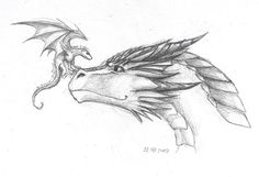 a pencil drawing of a dragon with wings on it's head and eyes open