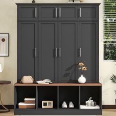 a large gray cabinet with many doors and shelves