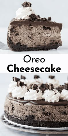 two pictures of oreo cheesecake with chocolate and whipped cream on top